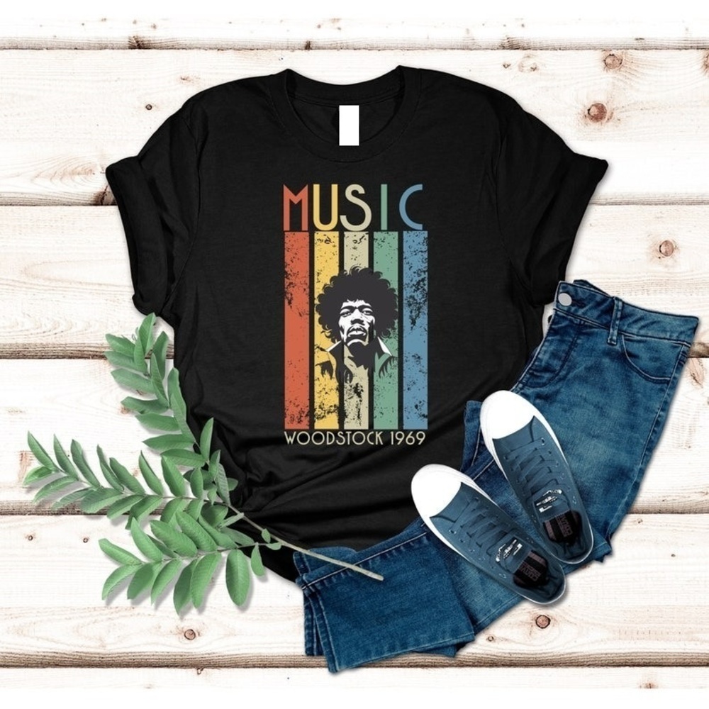 Jimi Hendrix Woodstock 1969 Short Sleeve Tee Retro Style